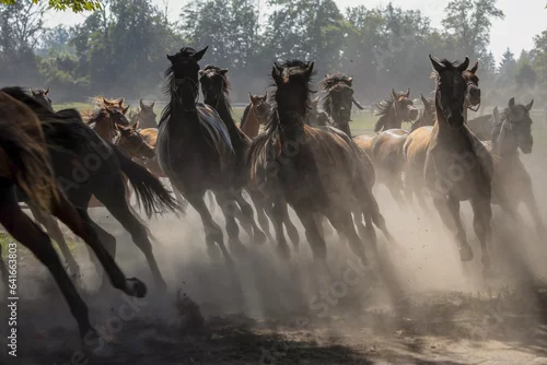 Fototapeta samoprzylepna Horses (Arabian) galloping, dust floating, many horses of different colors during the day