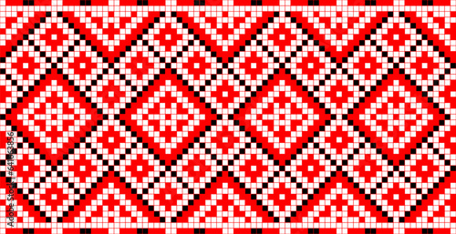 Vector illustration of Ukrainian ornament in ethnic style, identity, vyshyvanka, embroidery for print clothes, websites, banners. Background. Geometric design, border, copy space, frame