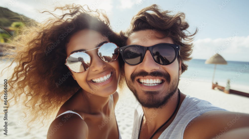 Selfie picture of a young happy couple outside on vacation , handsome boyfriend and beautiful girlfriend having fun on summer holiday