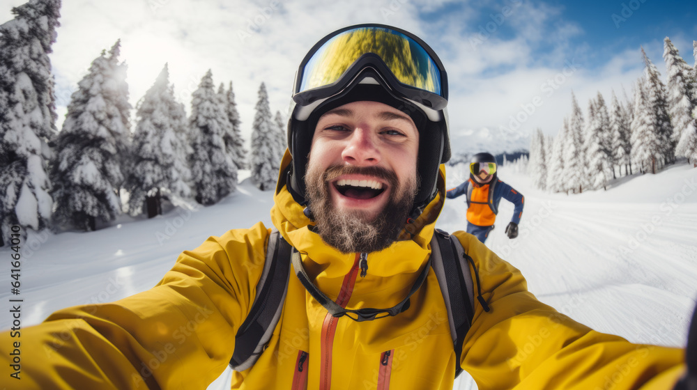 Selfie picture of young happy skier outside , man having fun on weekend activity in ski resort vacation doing winter sport