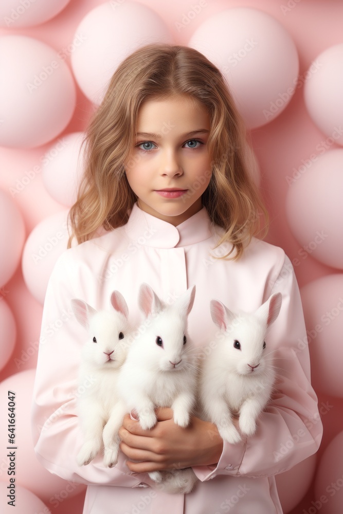 A young girl stands proudly with two white bunnies in her arms, their soft fur creating a warm and inviting contrast to her vibrant clothing A young girl stands proudly with two white bunnies in her arms, their soft fur creating a warm and inviting contrast to her vibrant clothing