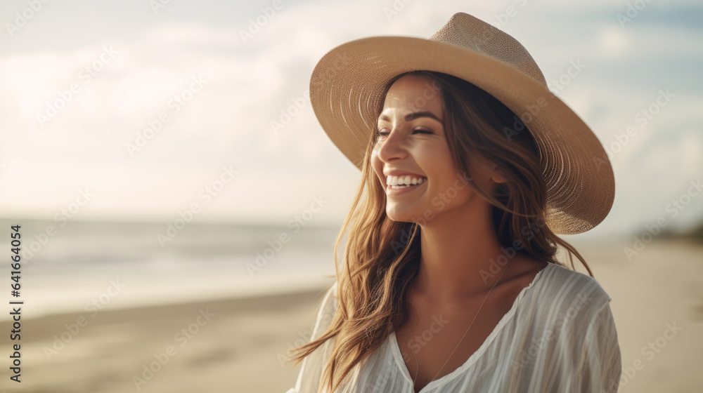 Happy young woman with hat smiling and laughing standing outside at beach on a sunny summer day , pretty female enjoying ocean relaxing outdoors with copy space
