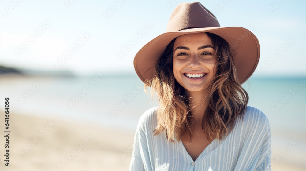 Happy young woman with hat smiling and laughing standing outside at beach on a sunny summer day , pretty female enjoying ocean relaxing outdoors with copy space
