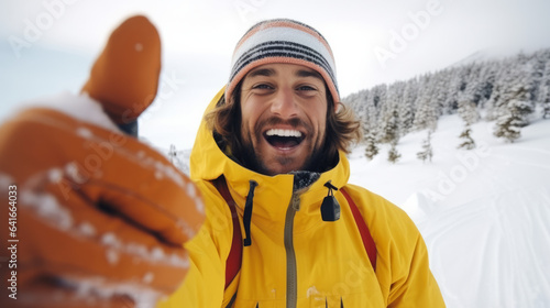 Selfie picture of young happy skier outside , man having fun on weekend activity in ski resort vacation doing winter sport photo