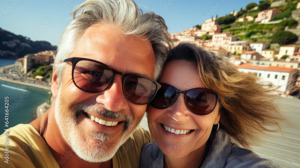 Selfie picture of a happy married mature couple of tourists visiting south Europe , senior man and woman enjoying weekend vacation