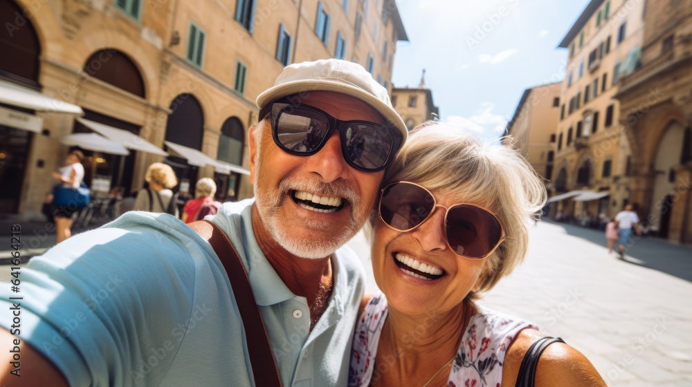 Selfie picture of a happy married mature couple of tourists visiting south Europe , senior man and woman enjoying weekend vacation