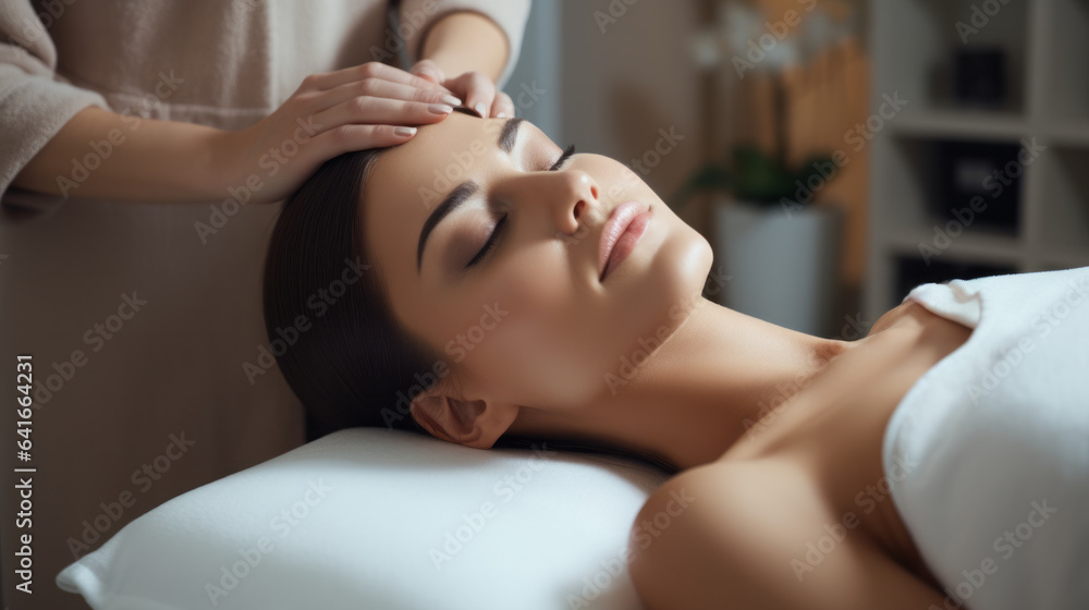 Cute girl beautician customer receiving a beauty treatment lying on beauty bed Cute girl beautician customer receiving a beauty treatment lying on beauty bed