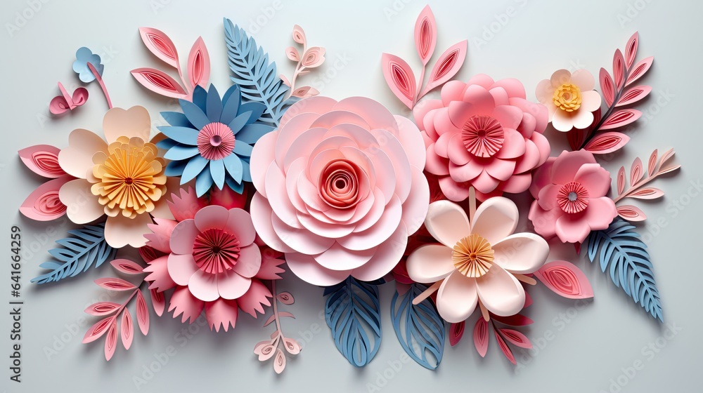 custom made wallpaper toronto digitalflower card design 3d template, in the style of feminine sticker art, paper sculptures, shaped canvas, floral motifs, color art, pastel-hued
