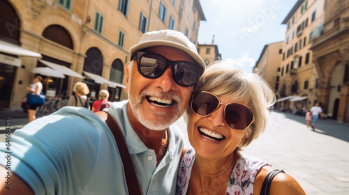 Fototapeta Naklejka Na Ścianę i Meble -  Selfie picture of a happy married mature couple of tourists visiting south Europe , senior man and woman enjoying weekend vacation