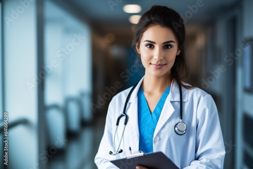 Portrait of young female doctor studying at the hospital , woman doing medicine studies