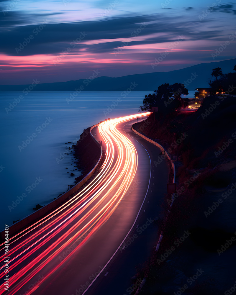 Fototapeta premium Car light trails on the road at night. Long exposure photo.