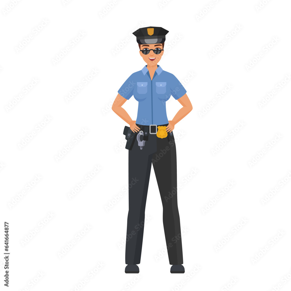 Standing policewoman with hands on hips. Confident female police