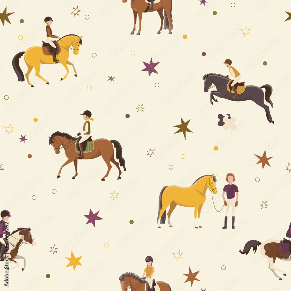 Kids riding ponies, seamless vector patternм Kids riding ponies, seamless vector patternм