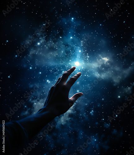 Reaching for the stars. Hand in front of the clear night sky. Generative ai