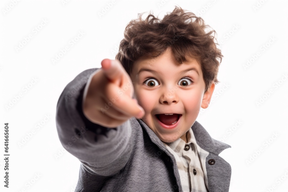 Close-up portrait photography of a joyful boy in his 30s pointing down against a white background. With generative AI technology Close-up portrait photography of a joyful boy in his 30s pointing down against a white background. With generative AI technology