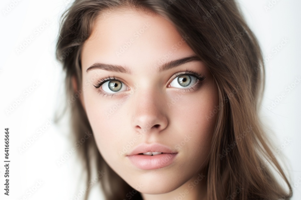 Headshot portrait photography of a tender girl in her 20s covering one eye against a white background. With generative AI technology Headshot portrait photography of a tender girl in her 20s covering one eye against a white background. With generative AI technology