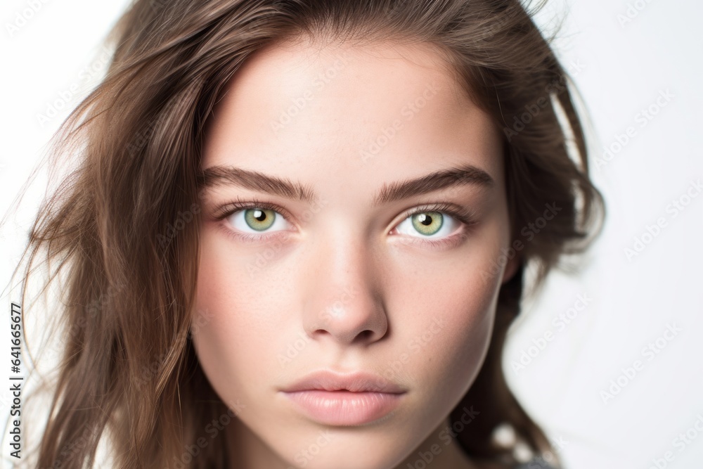 Headshot portrait photography of a tender girl in her 20s covering one eye against a white background. With generative AI technology Headshot portrait photography of a tender girl in her 20s covering one eye against a white background. With generative AI technology