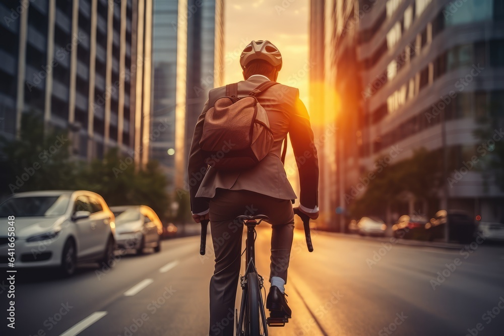Businessman with helmet riding a bicycle on the road in the city to work