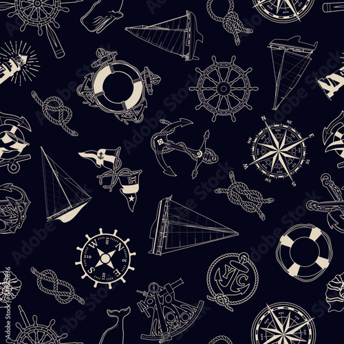 Nautical marine sailing elements patchwork wallpaper abstract vintage vector seamless pattern