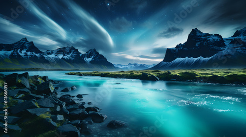 Northern lights over the sea. Aurora borealis in the night sky