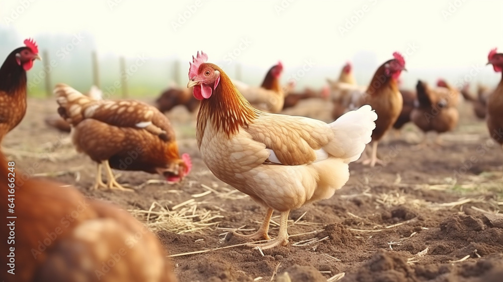 Chicken or hen on organic farm field farm