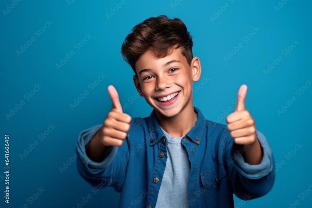 Medium shot portrait photography of a grinning boy in his 20s making an ok gesture with the fingers against a royal blue background. With generative AI technology
