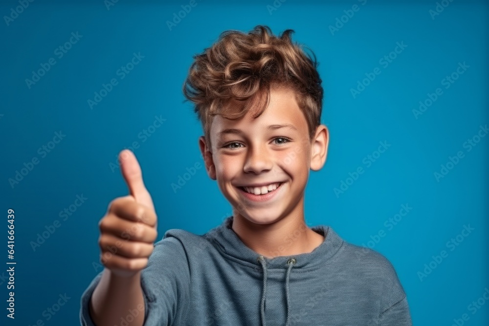 Medium shot portrait photography of a grinning boy in his 20s making an ok gesture with the fingers against a royal blue background. With generative AI technology Medium shot portrait photography of a grinning boy in his 20s making an ok gesture with the fingers against a royal blue background. With generative AI technology