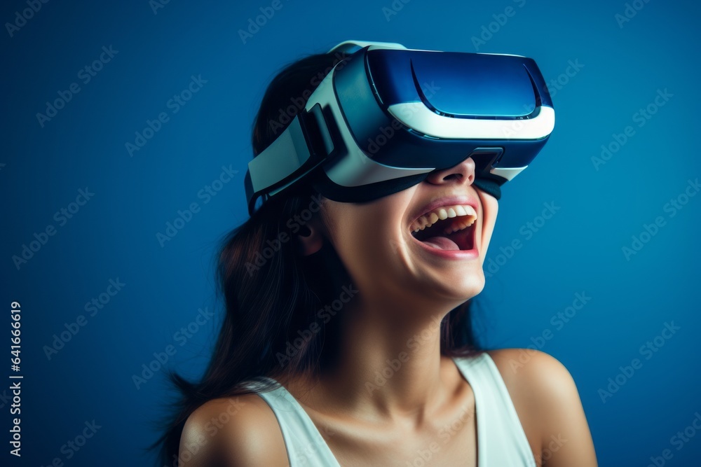 Lifestyle portrait photography of a glad girl in her 20s playing with virtual reality mask against a royal blue background. With generative AI technology Lifestyle portrait photography of a glad girl in her 20s playing with virtual reality mask against a royal blue background. With generative AI technology