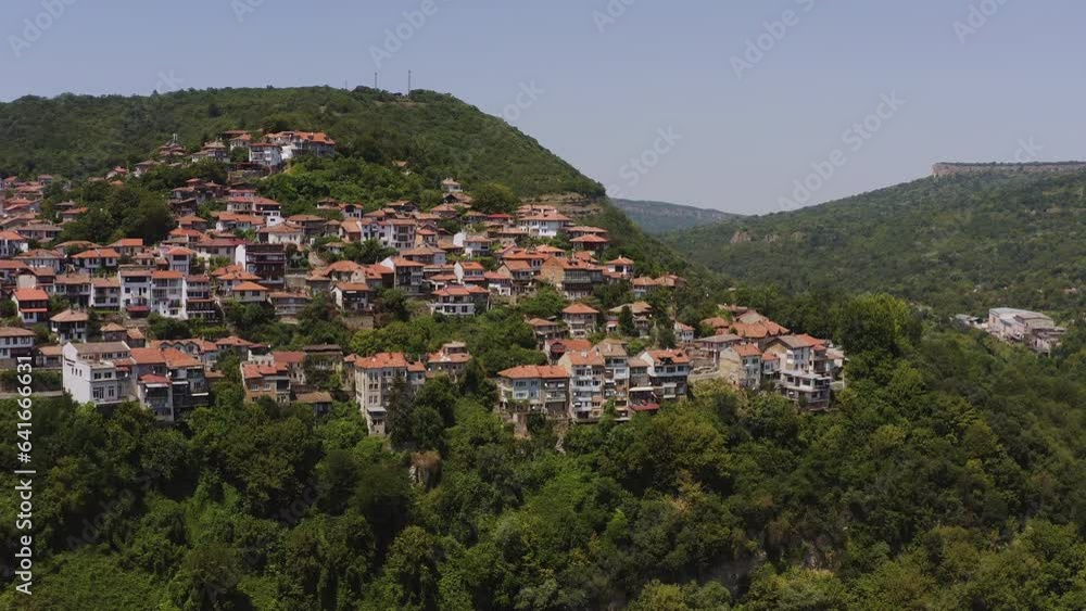 Aerial view of Veliko Tarnovo historic city built on steep sided hills Aerial view of Veliko Tarnovo historic city built on steep sided hills
