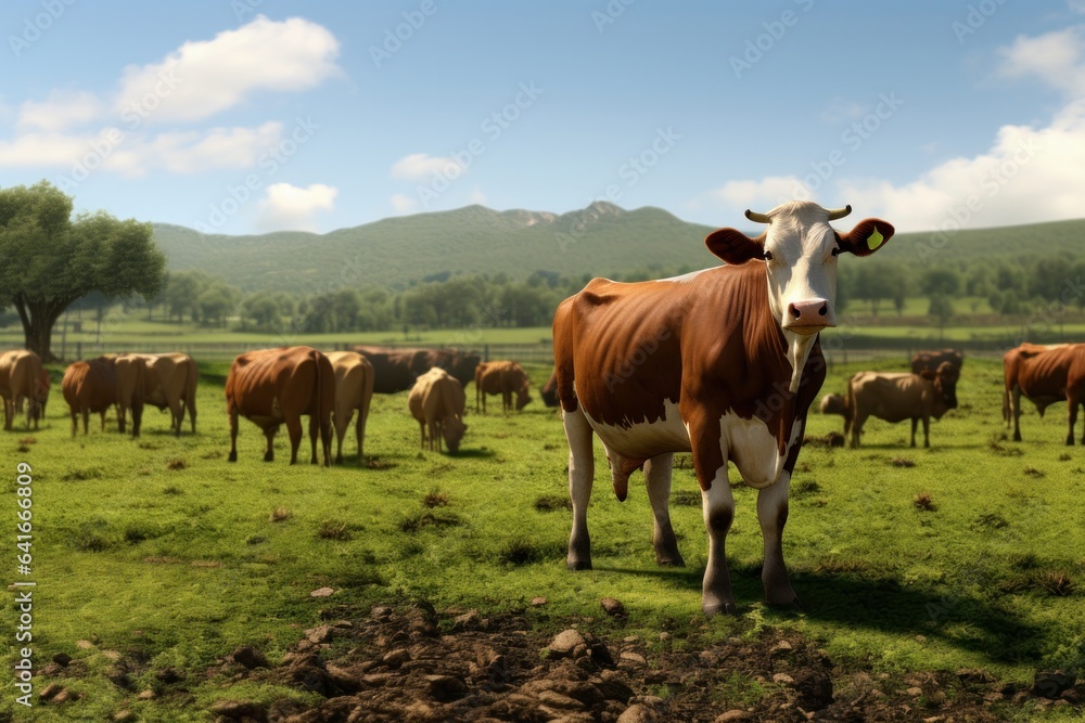Eco-friendly countryside: Sustainable agriculture with livestock, including cows. Cattle roam grassy fields for meat, dairy, and beef trade, promoting a harmonious environment.