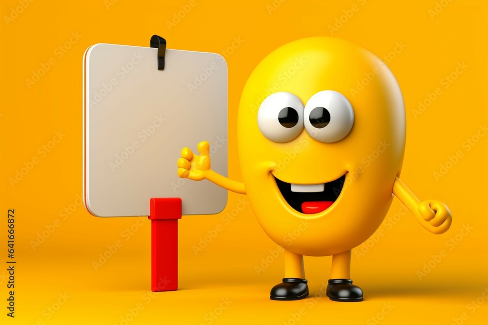 Fototapeta premium Mascot directs. Map pointer with ad stand on yellow backdrop