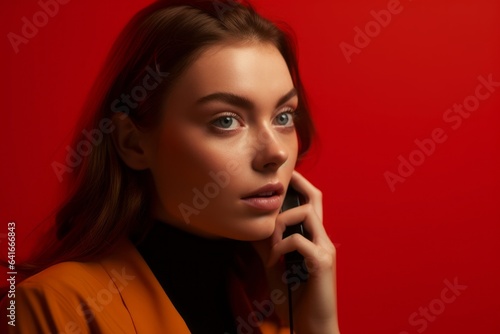 Close-up portrait photography of a tender girl in her 30s talking on the phone against a red background. With generative AI technology