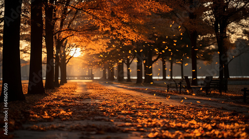 Sunset in the park with fallen leaves on the ground, autumn