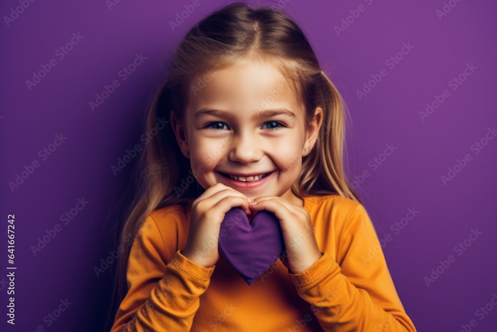 Headshot portrait photography of a joyful kid female making a heart with the hands against a vibrant purple background. With generative AI technology Headshot portrait photography of a joyful kid female making a heart with the hands against a vibrant purple background. With generative AI technology