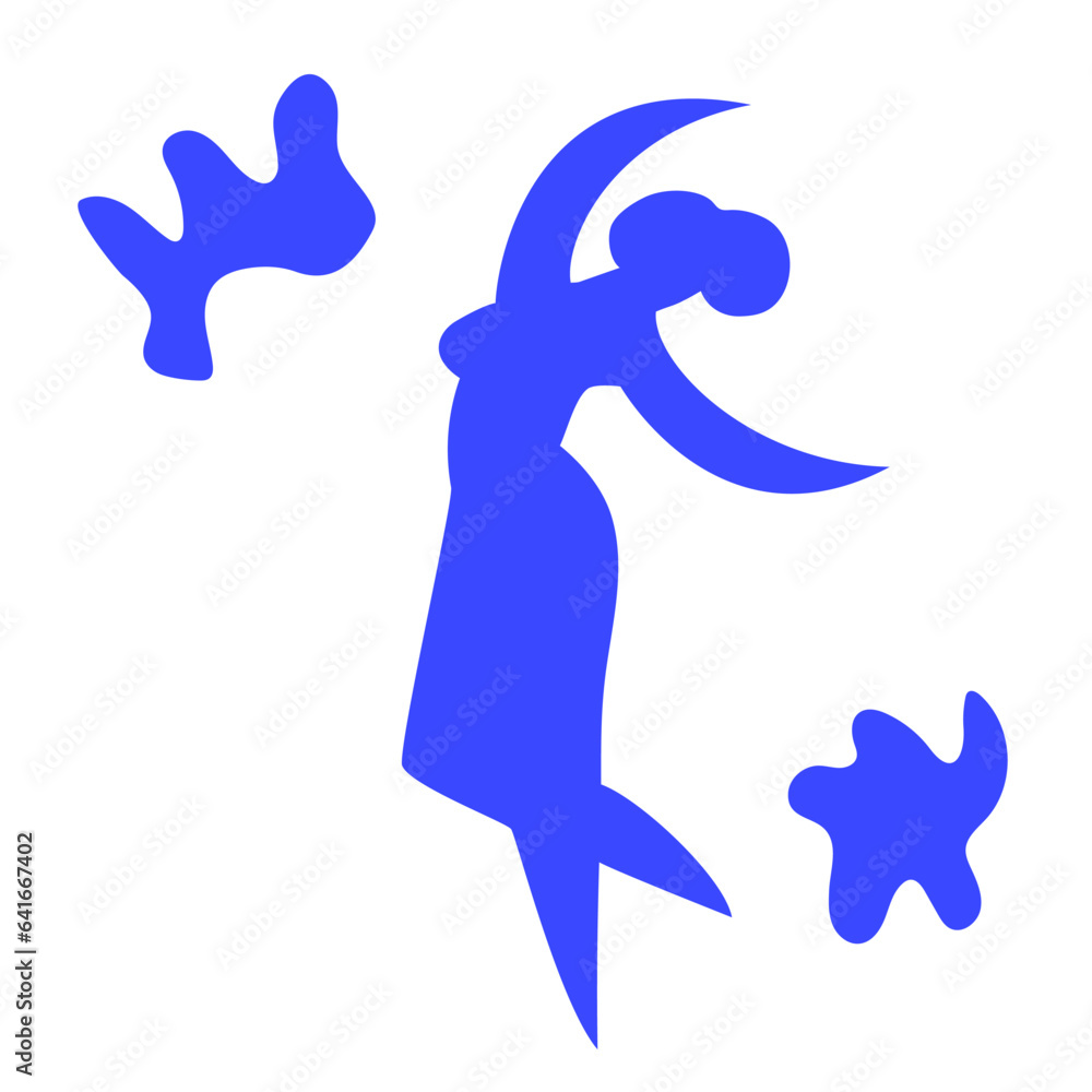 Dancing woman.Contemporary silhouette organic shape,hand drawn blue female.Flat human figure, body moving.Fashion modern trendy poster.Isolated. Vector illustration