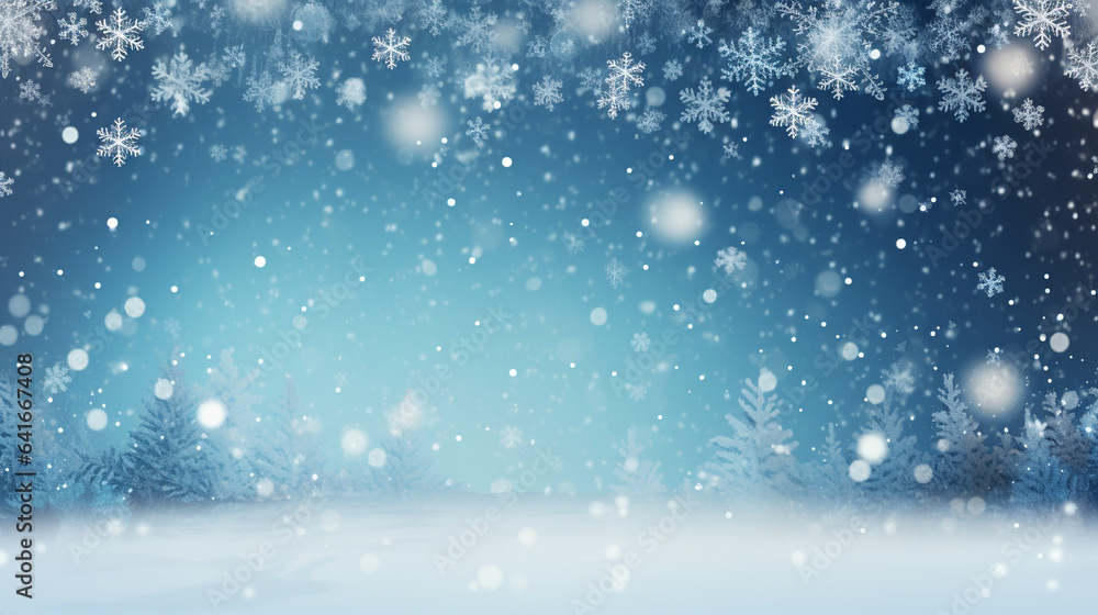 Fototapeta premium Shimmering Snowfall and Winter Wonderland Merry Christmas Background, with copy space