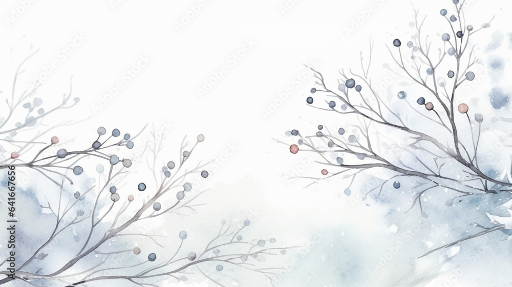 Delicate Snow-Covered Branches and Seasonal Wishes Merry Christmas Postcard, watercolor style, with copy space