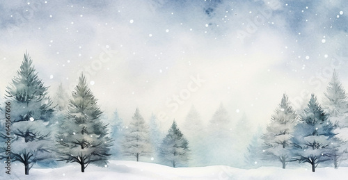 Peaceful Winter Landscape and Season's Greetings Merry Christmas Postcard, watercolor style, with copy space © Катерина Євтехова