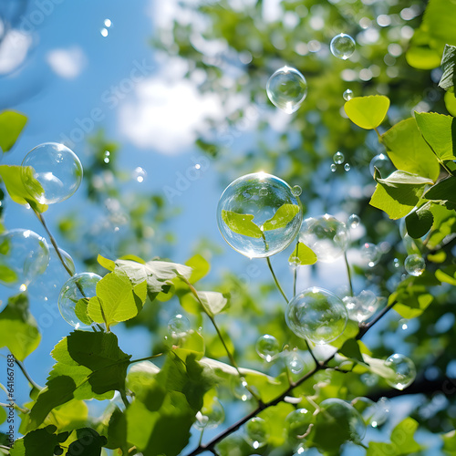 Soap bubbles on a tree branch with green leaves and blue sky