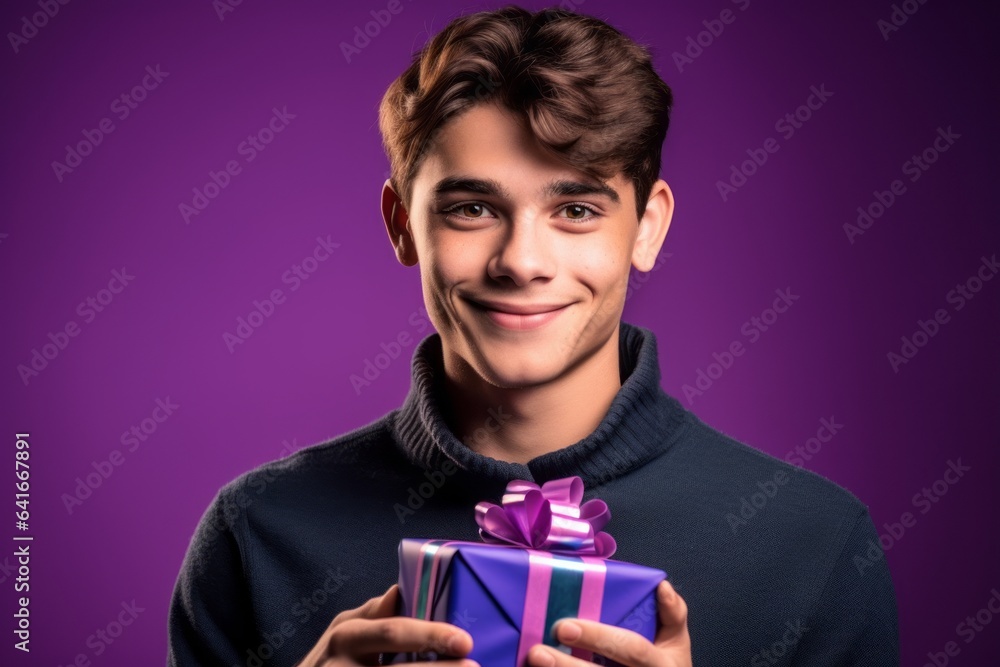 Headshot portrait photography of a glad boy in his 20s holding a gift against a vibrant purple background. With generative AI technology Headshot portrait photography of a glad boy in his 20s holding a gift against a vibrant purple background. With generative AI technology