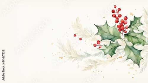 Elegant Holly Leaves and Warm Christmas Wishes Merry Christmas Postcard, watercolor style, with copy space