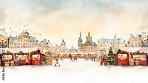 Brightly Lit Christmas Market and Festive Seasonal Greetings Merry Christmas Postcard, watercolor style, with copy space