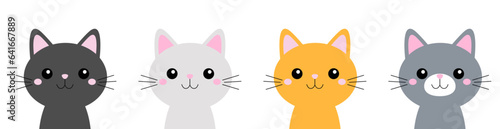 Four cat icon set line. Cute kitten face head body silhouette. Different colors. Funny kawaii cartoon baby character. Happy Valentines Day. Sticker print template. Flat design. White background.