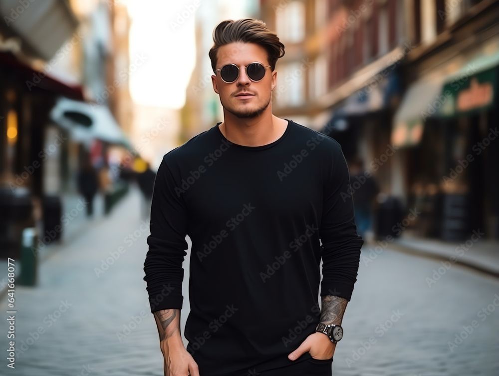 Fototapeta premium Attractive young man wearing blank empty black t-shirt long sleeves mockup for design template