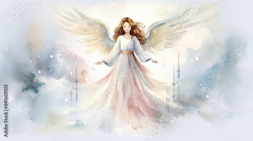 Graceful Angel and Heavenly Merry Christmas Blessings Postcard, watercolor style, with copy space