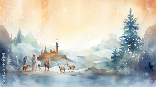 Joyful Nativity Scene and Peaceful Merry Christmas Message Postcard, watercolor style, with copy space © Катерина Євтехова