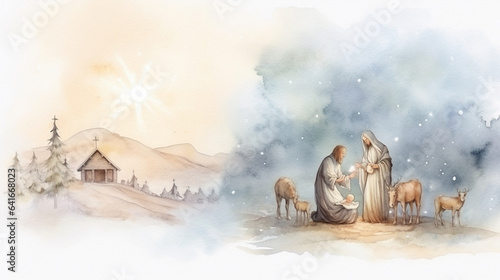 Fotografia Joyful Nativity Scene and Peaceful Merry Christmas Message Postcard, watercolor