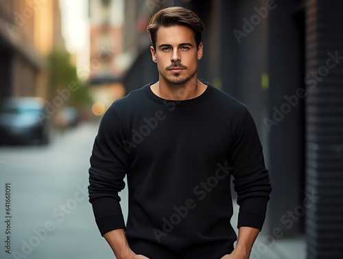 Attractive young man wearing blank empty black t-shirt long sleeves mockup for design template