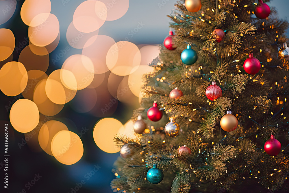 Christmas Tree, Colourful Ornaments, Background With Golden Blurred Bokeh Lights, Copy Space for Text – Generative AI