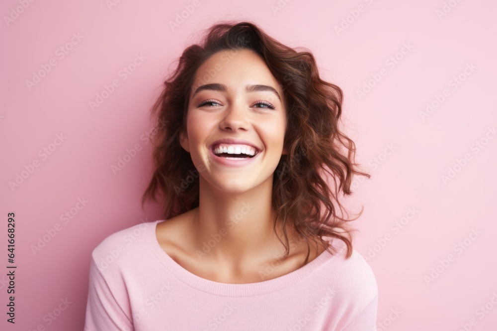 Medium shot portrait photography of a joyful girl in her 20s smiling against a pastel pink background. With generative AI technology Medium shot portrait photography of a joyful girl in her 20s smiling against a pastel pink background. With generative AI technology